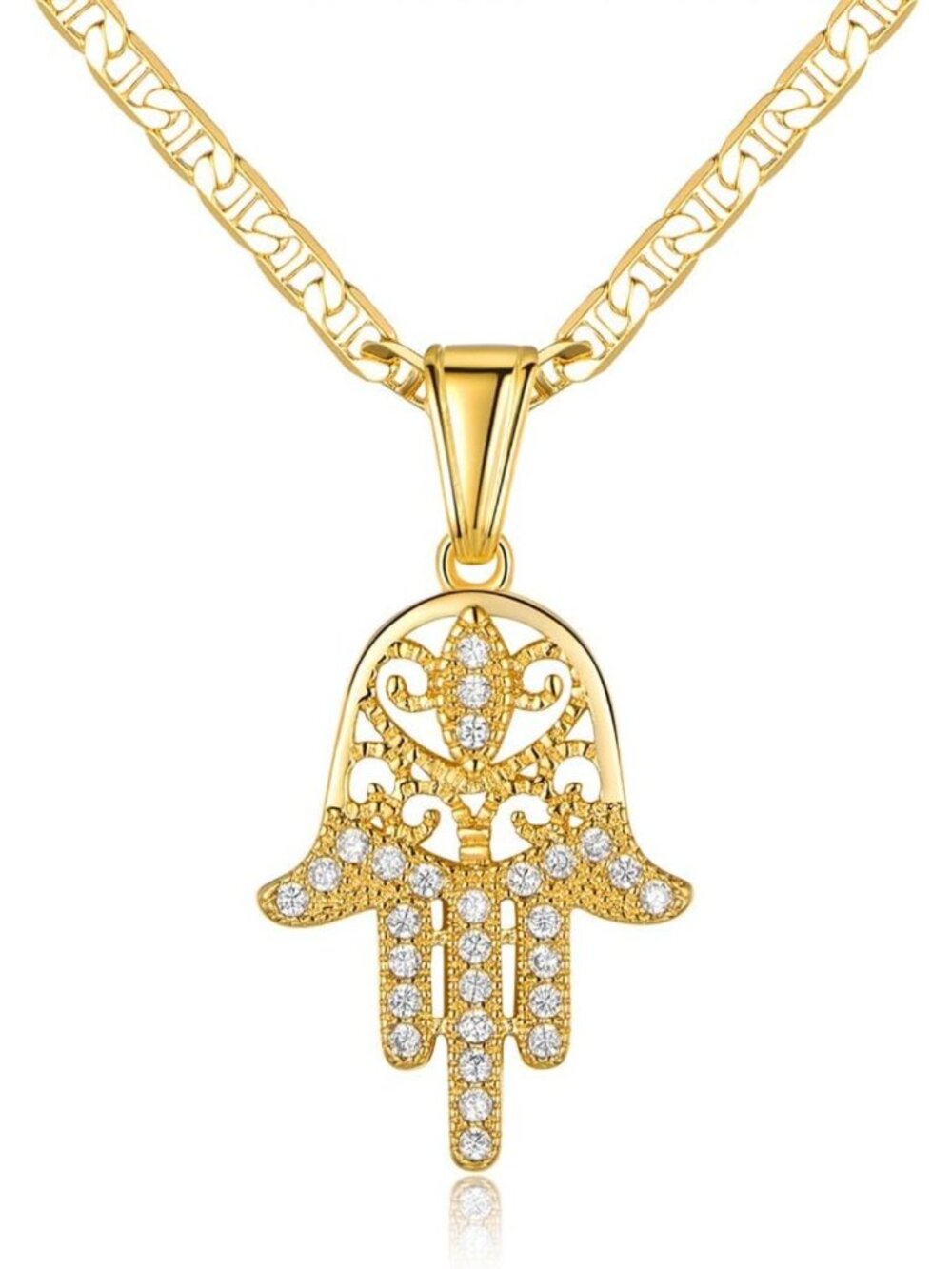 18K Gold Plated Flat Mariner Chain Necklace with Hamsa Hand Pendant, 3MM